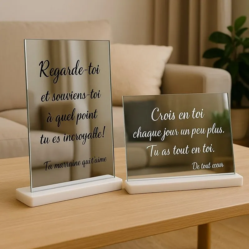 Miroir gravé personnalisé message écriture banche ou noir