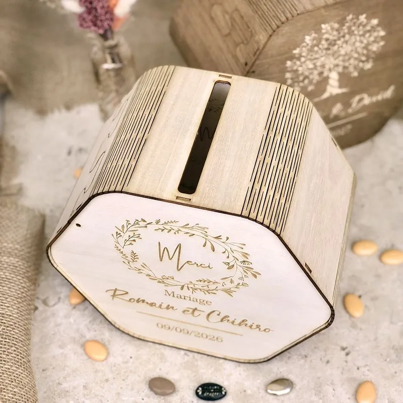 Urne de mariage en bois personnalisée hexagonale - Naturel