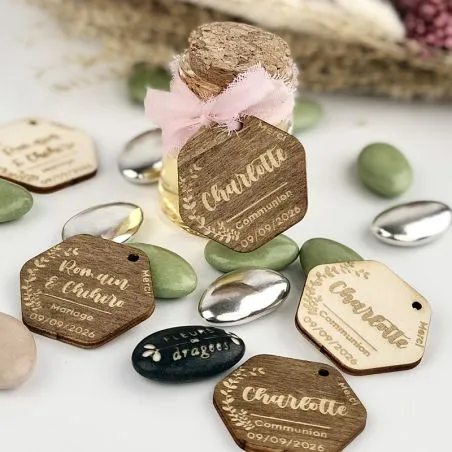 Étiquette dragées bois / Finition chocolat - Hexa