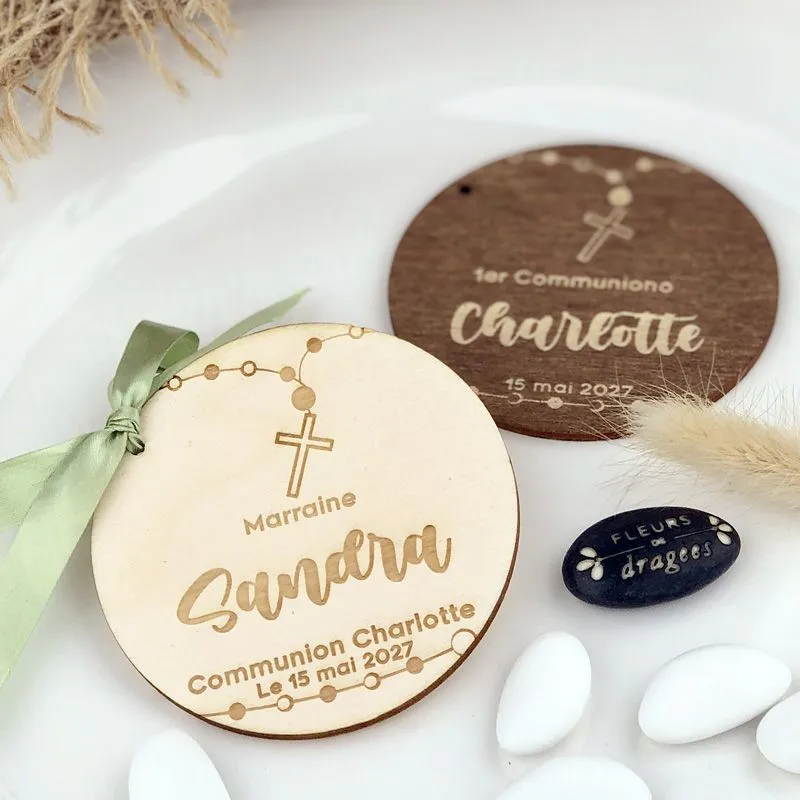 Étiquette Bois communion XL- Cadeau d'invité - Ronde (7.5cm)