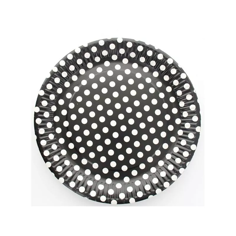 Assiette en carton motif pois noir, lot de 10 assiettes jetables