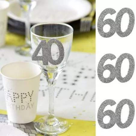 6 Gros confetti Anniversaire Argent 60 ans, décoration de table