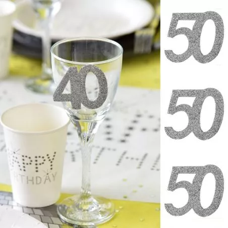 6 Gros confetti Anniversaire Argent 50 ans, décoration de table