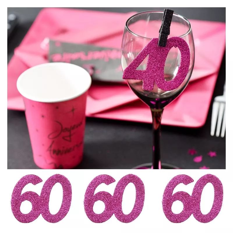 6 Gros confetti Anniversaire Fuchsia 60 ans, décoration de table