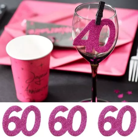 6 Gros confetti Anniversaire Fuchsia 60 ans, décoration de table