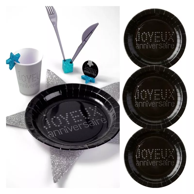 Assiette carton jetable Anniversaire Noir (x10)