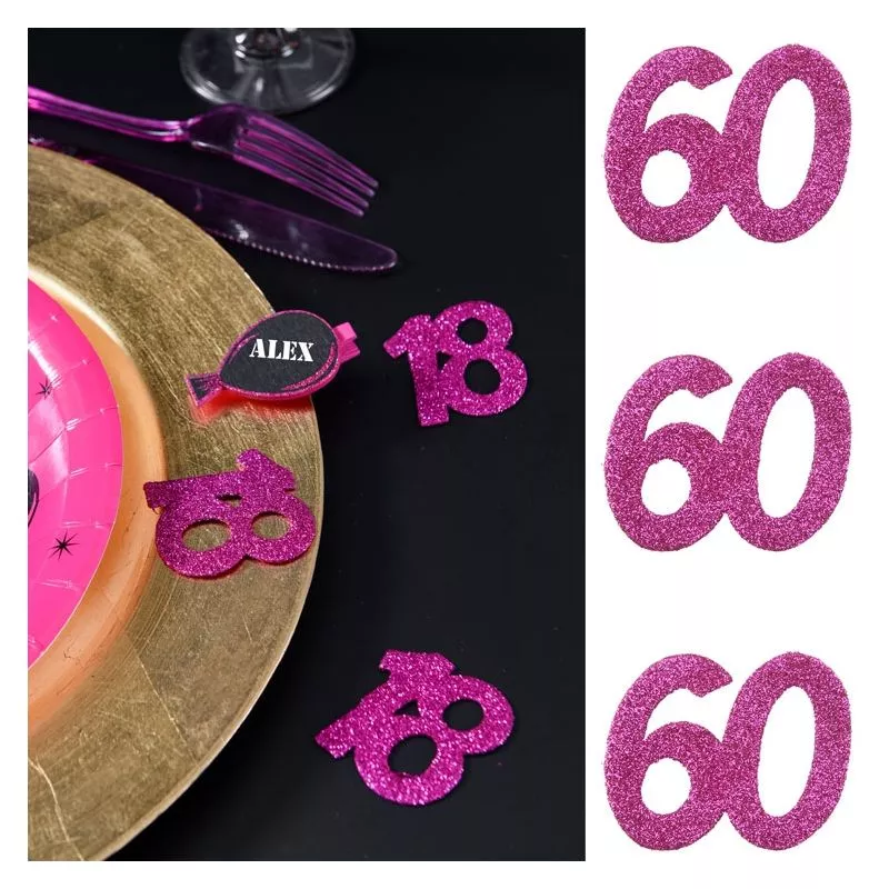 6 Gros confetti Anniversaire Fuchsia 60 ans, décoration de table