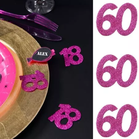 6 Gros confetti Anniversaire Fuchsia 60 ans, décoration de table