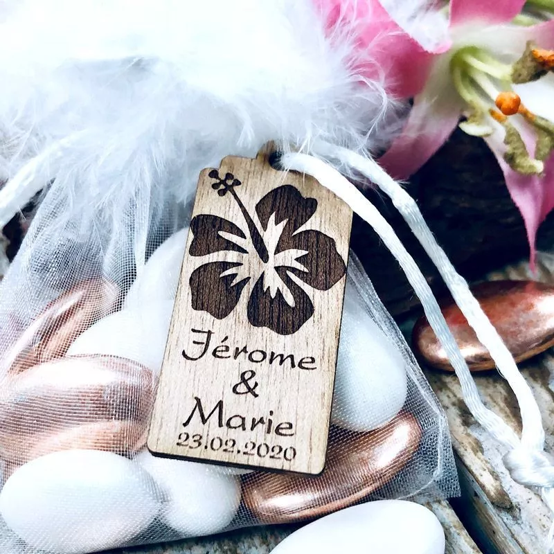 Etiquettes dragées bois Fleur Tropical (Lot de 20)