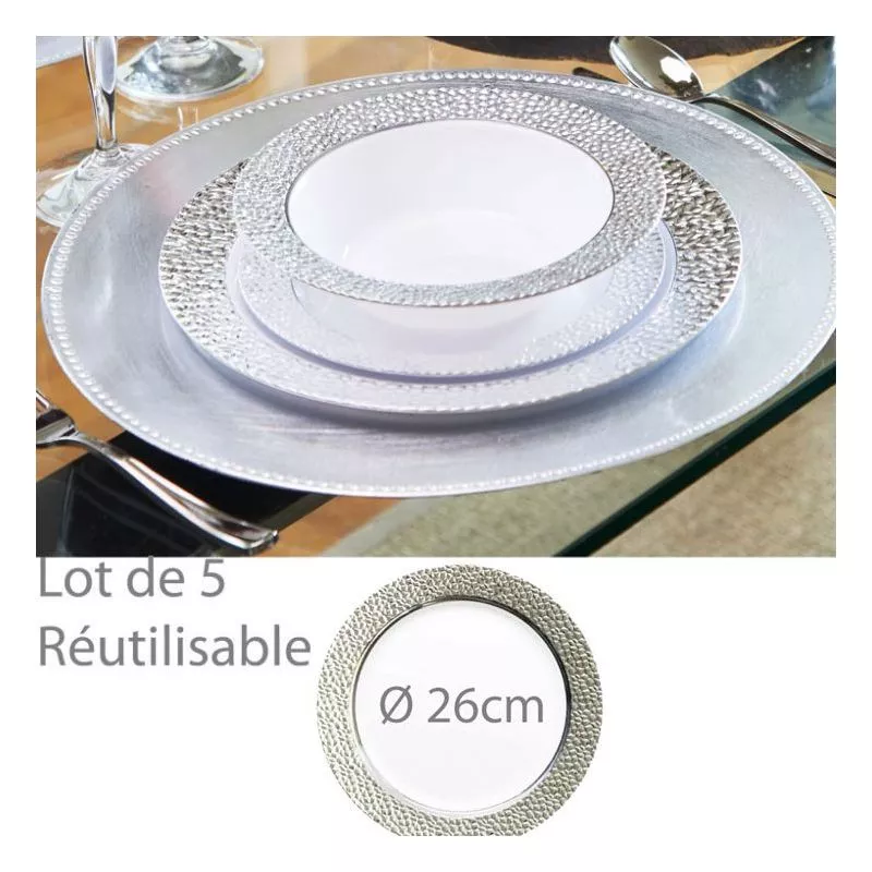 Assiette reutilisable argentée Prestige 26cm (lot de 5)