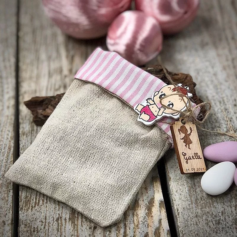 Bourse dragées Naissance Lin "Bébé" (12pcs) Rose
