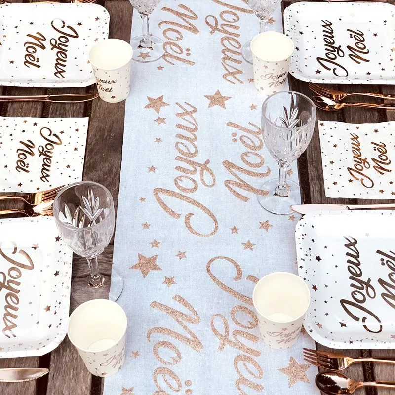 Chemin de table Coton Joyeuses Noël - Rose Gold