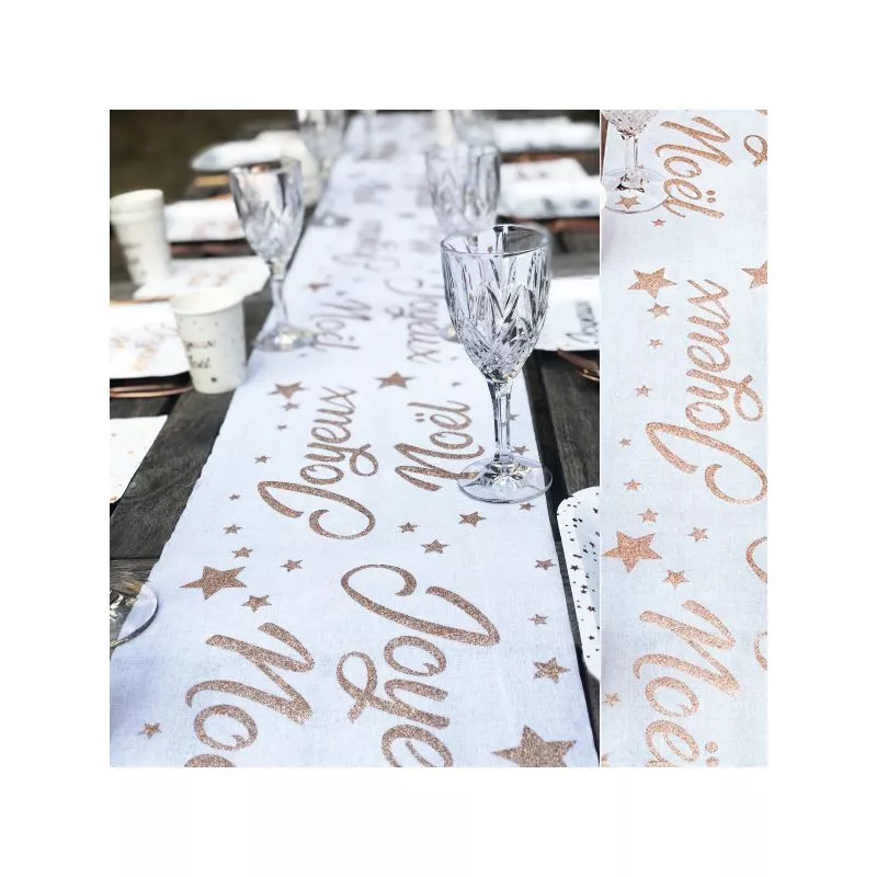 Chemin de table Coton Joyeuses Noël - Rose Gold