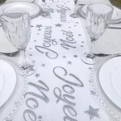 Chemin de table Coton Joyeuses Noël - Argent
