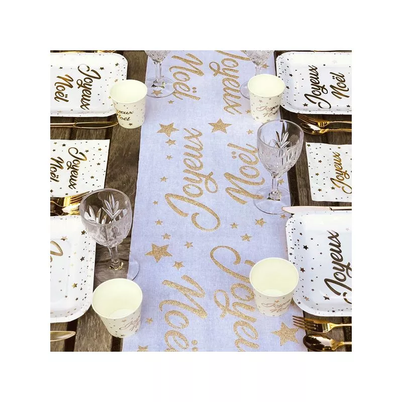 Décoration fin d'années - Chemin de table Coton Joyeuses Noël - Dorée
