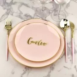 Lot 16 Assiettes réutilisables rose Liseré Or 8 Gm et 8 Pm