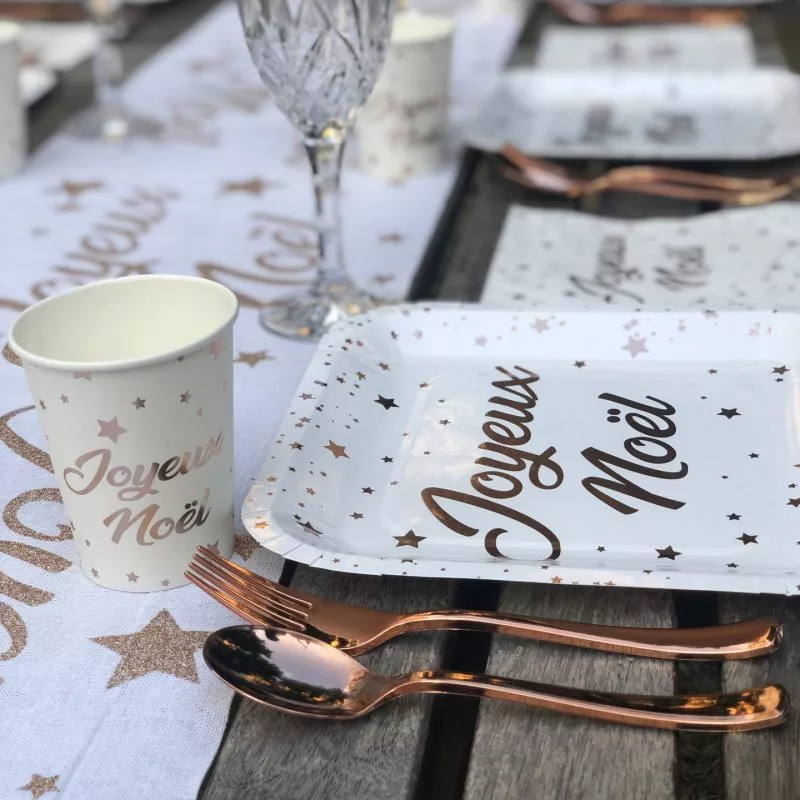 Assiette jetable Blanche et rose gold  - Joyeux Noel X10