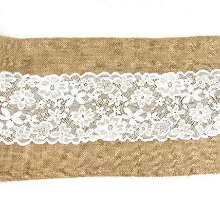 Chemin de table en jute et dentelle 28cmX3m Chemin de table en jute et dentelle 28cmX3m
