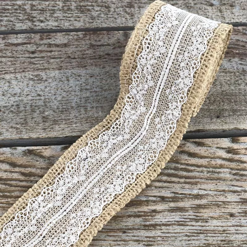 Ruban jute et dentelle centrale 2m