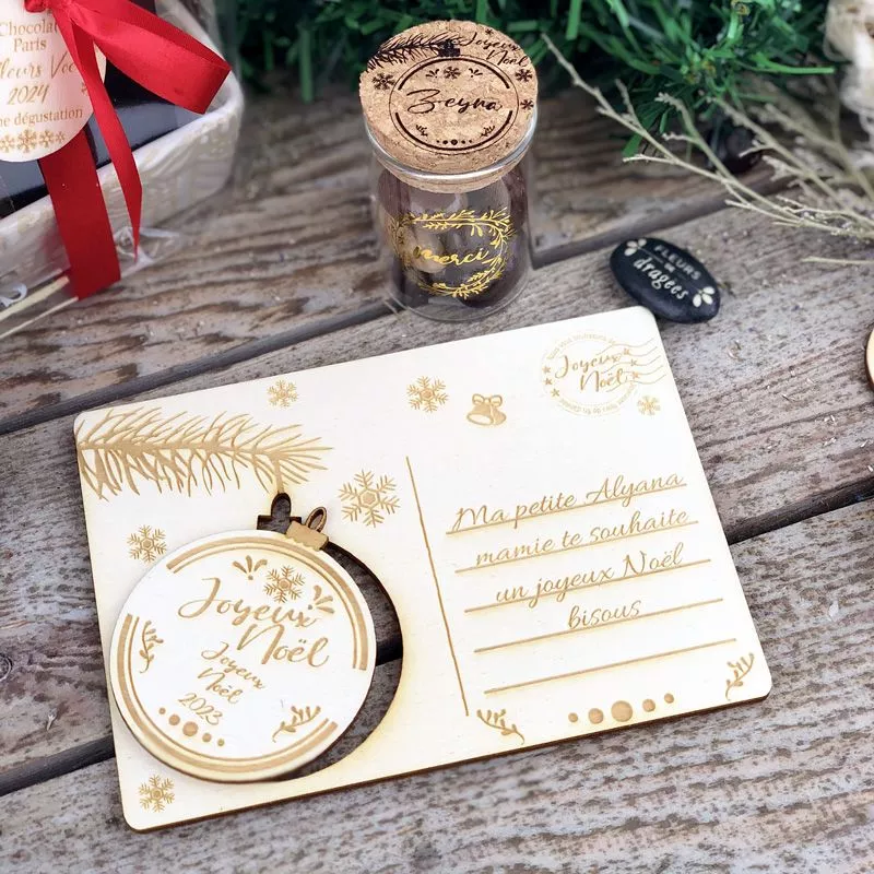 Carte de noël 3d bois - Boule Personnalisée