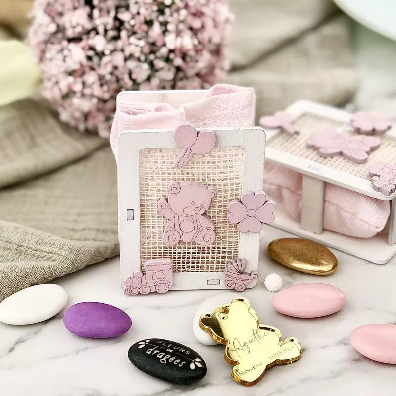 (12psc) Boite dragées naissance avec bourse - Rose